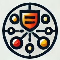 Symbol mit einem Schild und verbundenen Kreisen in Rot, Gelb und Schwarz.