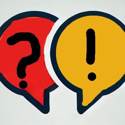 Sprechblasen in Rot mit Fragezeichen und Gelb mit Ausrufezeichen.