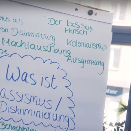 Auf einem Plakat stehen Begriffe zu Rassismus und Diskriminierung.