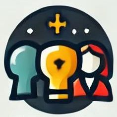 Drei stilisierte Figuren, eine mit rotem Umhang, vor einem Kreuz und Punkten.